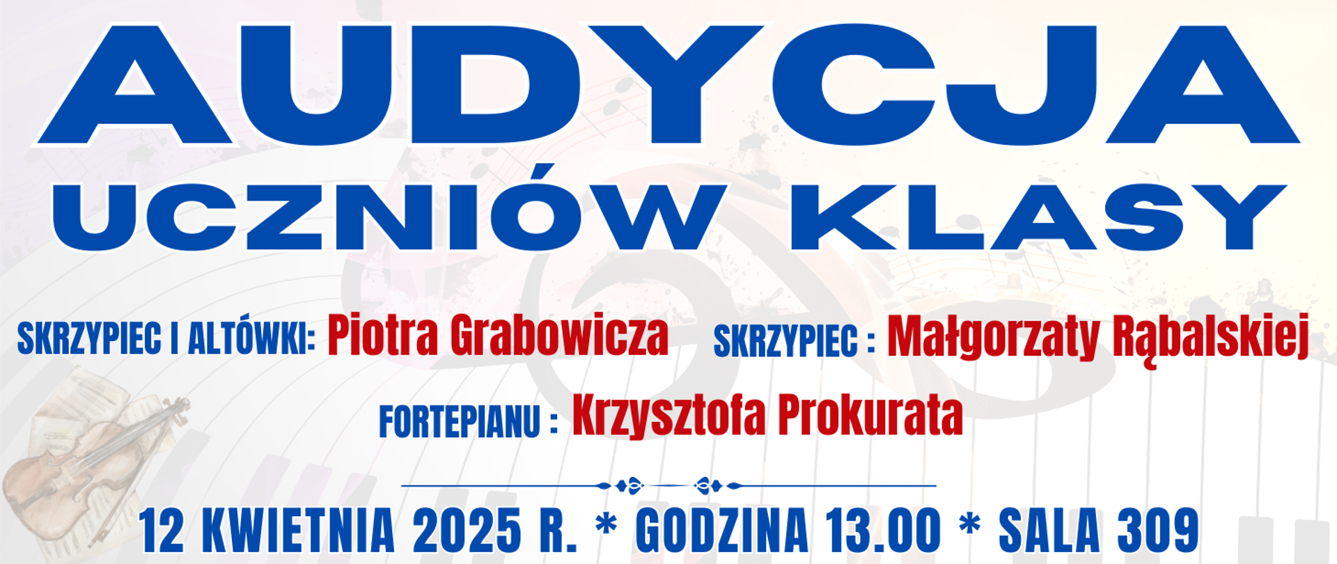 baner w tle półprzezroczysta klawiatura fortepianu z nutami oraz informacja o wydarzeniu