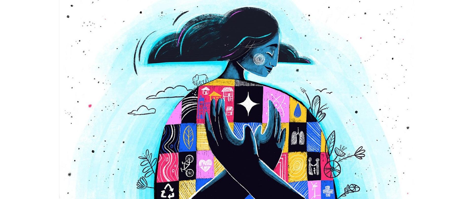 Zdjęcie ma kształt prostokątu. W górnej części, zajmującej około niecałą połowę zdjęcia, widnieje w dwóch rzędach napis: "Nasza Planeta Nasze zdrowie". Hasło jest napisane dużymi niebieskimi literami na białym tle. Z prawej strony u góry towarzyszy mu logo Światowej Organizacji Zdrowia. Poniżej głównego hasła znajduje się napis czarnymi, mniejszymi literami: Dbajmy o czystość naszego powietrza, wody i jedzenia", a pod spodej niebieską czcionką hasztag: #HealthierTomorrow. Centralną część zdjęcia zajmuje postać kobiety. Głowę kobiety widać z bocznego profilu, jej czarne, długie włosy rozwiewa wiatr. Tułów kobiety stanowi ziemia pokryta pokryta kolorowymi prostokątami z różnymi symbolami zdrowia i zdrowego stylu życia. Z przodu widać krzyżujące się dłonie kobiety razem z przedramionami (koloru czarnego).