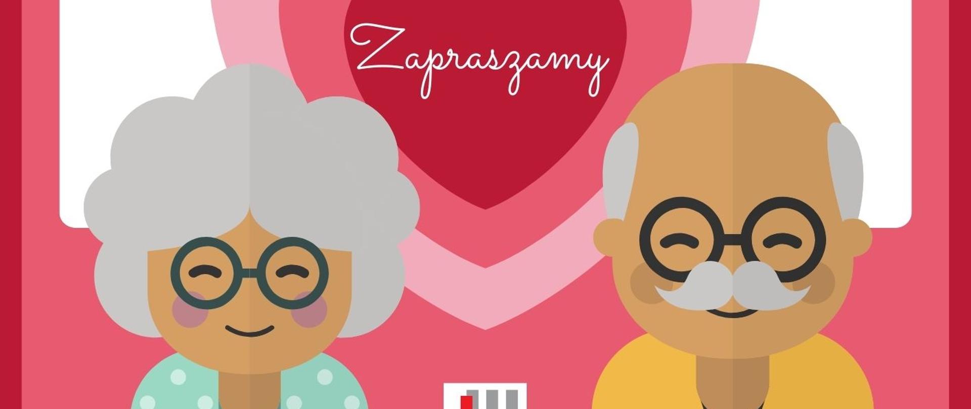 Kolorowe tło, na dole namalowana babcia i dziadek, napisane informacje dotyczące koncertu z okazji dnia babci i dziadka