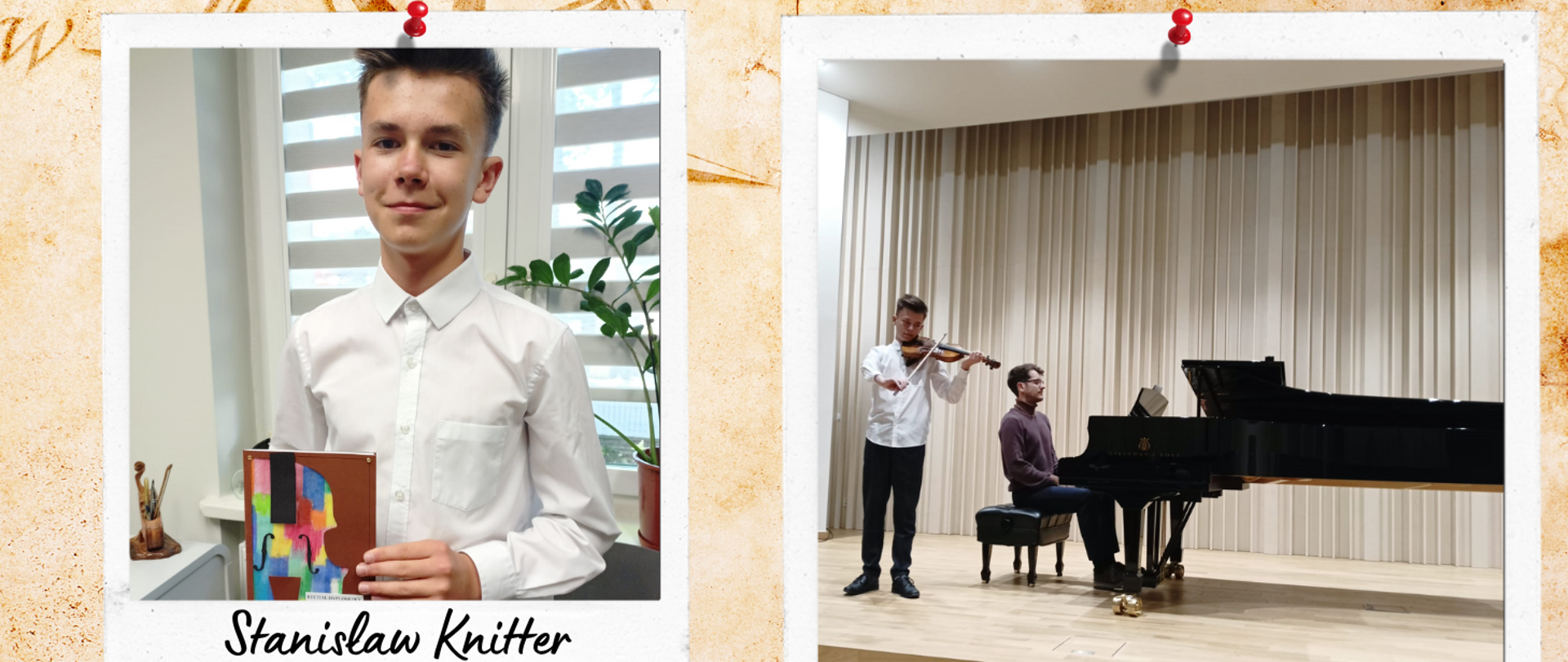 Obrazek podzielony na dwie części. Tło w kolorze brązu. Po lewej stronie zdjęcie, a na nim chłopak w czarnych włosach i białej koszuli, który trzyma program koncert. Po prawej stronie ten sam chłopiec gra na skrzypcach, obok niego mężczyzna w brązowym golfie, który gra na carnym fortepianie.
