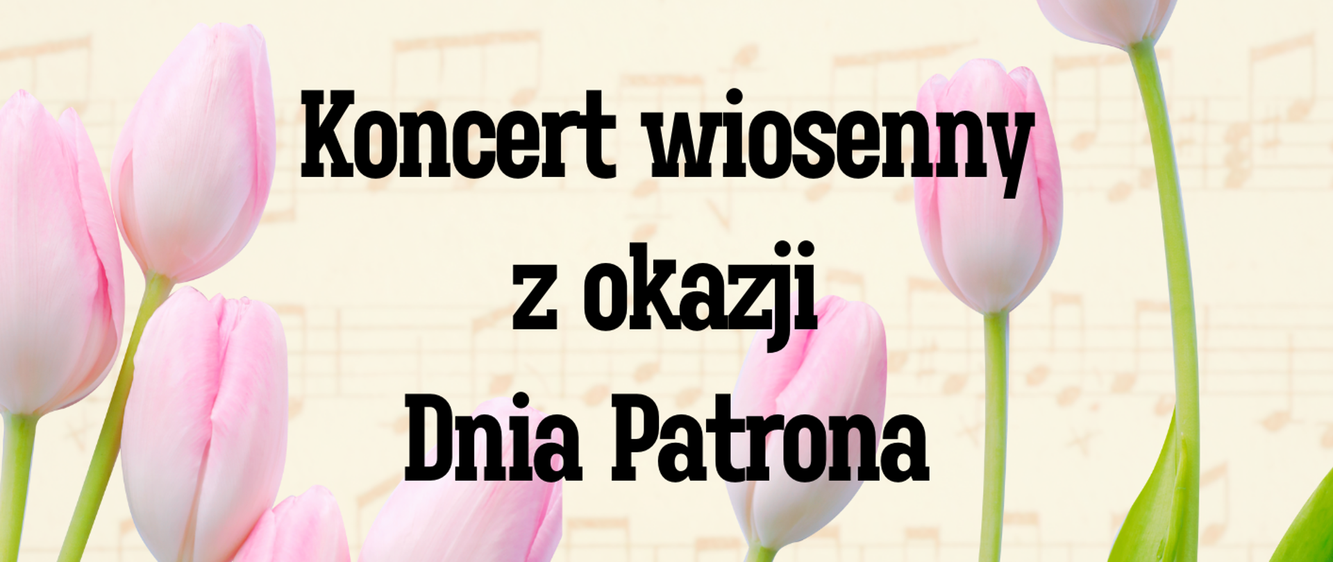 Plakat na bladoróżowym tle z rozmazanymi na całej jego powierzchni pięcioliniami z nutami oraz zdjęciami przedstawiającymi 8 różowych tulipanów. Na górze w samym środku znajduje się okrągłe logo PSM w Nowym Tomyślu; pod nim znajduje się różowy pasek na na nim napis: "Państwowa Szkoła Muzyczna I stopnia im. Witolda Lutosławskiego w Nowym Tomyślu zaprasza na"; pośrodku plakatu napis: "Koncert wiosenny z okazji Dnia Patrona"; w dolnej części plakatu znajduje się drugi różowy pasek a na nim napis: "21 marca 2024 roku godz. 16:30 Sala widowiskowa Nowotomyskiego Ośrodka Kultury". 