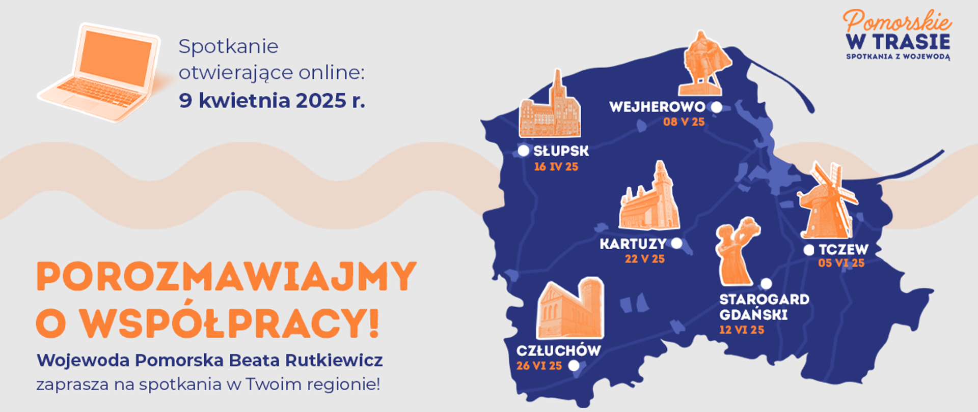 grafika z napisem Pomorskie w trasie. Mapa województwa z zaznaczonymi miastami i datami spotkań wojewody z NGO