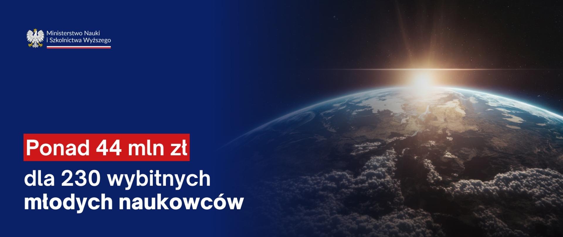 Grafika - na niebieskim tle napis Ponad 44 mln zł dla 230 wybitnych młodych naukowców.