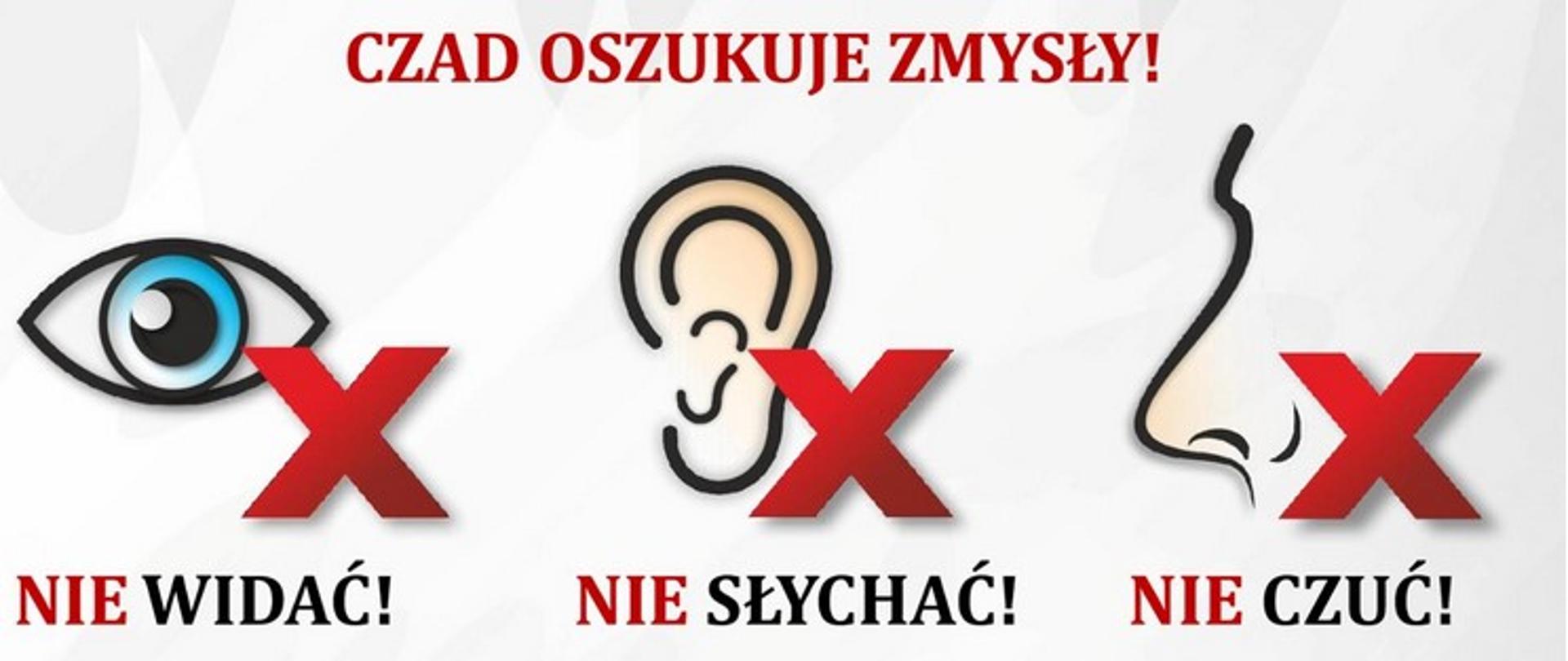 Zdjęcie przedstawia ikony przekreślonego oka, ucha, i nosa. Pod okiem widnieje napis nie widać, pod uchem nie słychać, pod nosem nie czuć.