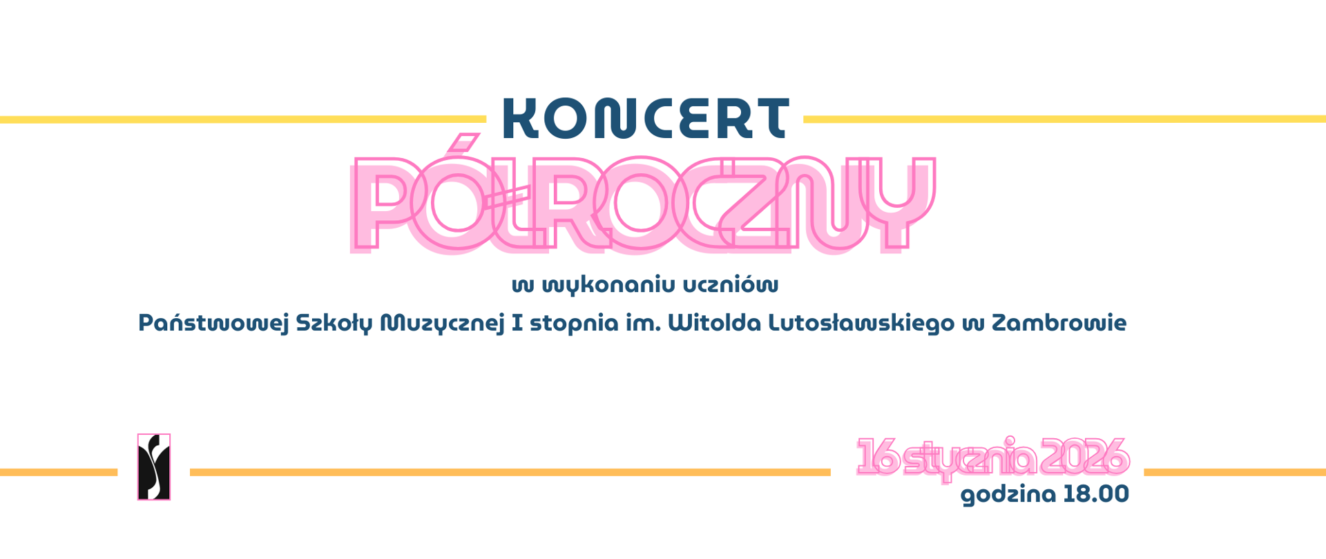 Na białym tle poziomego plakatu umieszczono półowalne wypełnienie lewego dolnego i prawego górnego rogu, W Centralnej części plakatu na białym tle grubą różową czcionką umieszczono informacje - nazwę koncertu, opis ogólny wykonawców a szarą czcionką podano datę i godzinę wydarzenia a poniżej dużo mniejszą czcionką adres sali koncertowej. W prawym dolnym rogu umieszczono logo organizatora.