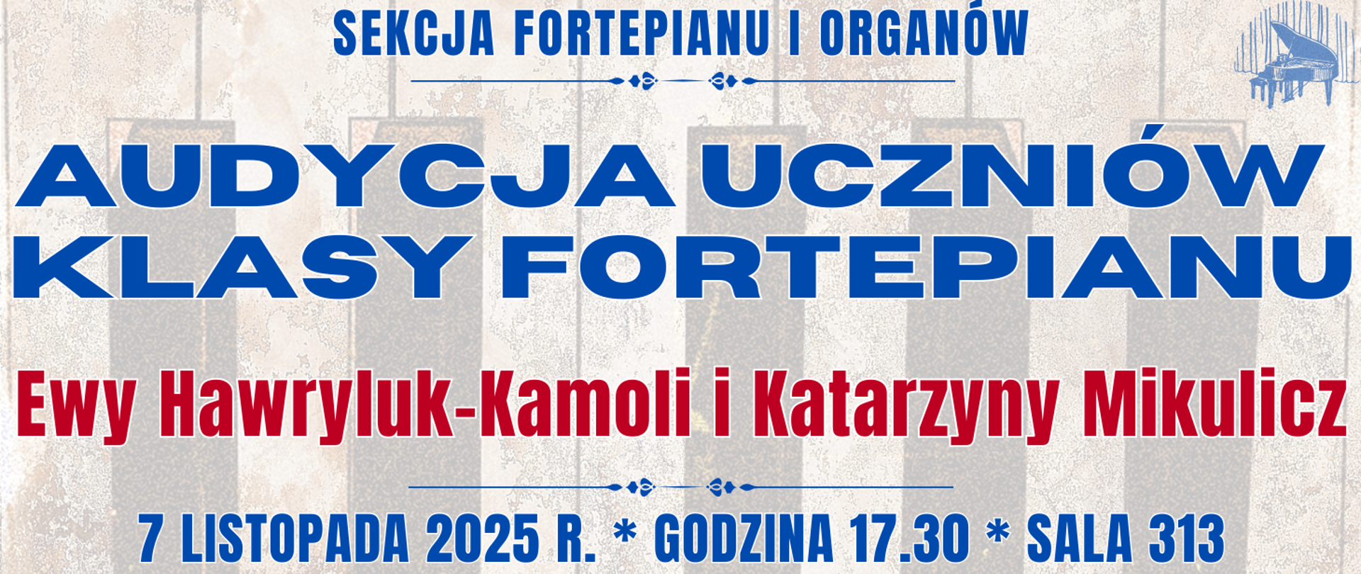 baner z półprzezroczystą klawiaturą fortepianu oraz informacja o audycji klasy fortepianu