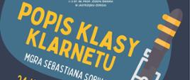 Beżowo granatowo, niebieskie tło na środku rysunkowy klarnet.
Żółty napis: Popis klasy klarnetu