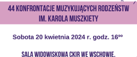Tytuł, termin oraz miejsce koncertu. W górnej części na fioletowym pasku tytuł koncertu. Pozostałe informacje w centralnej i dolnej części na białym tle.