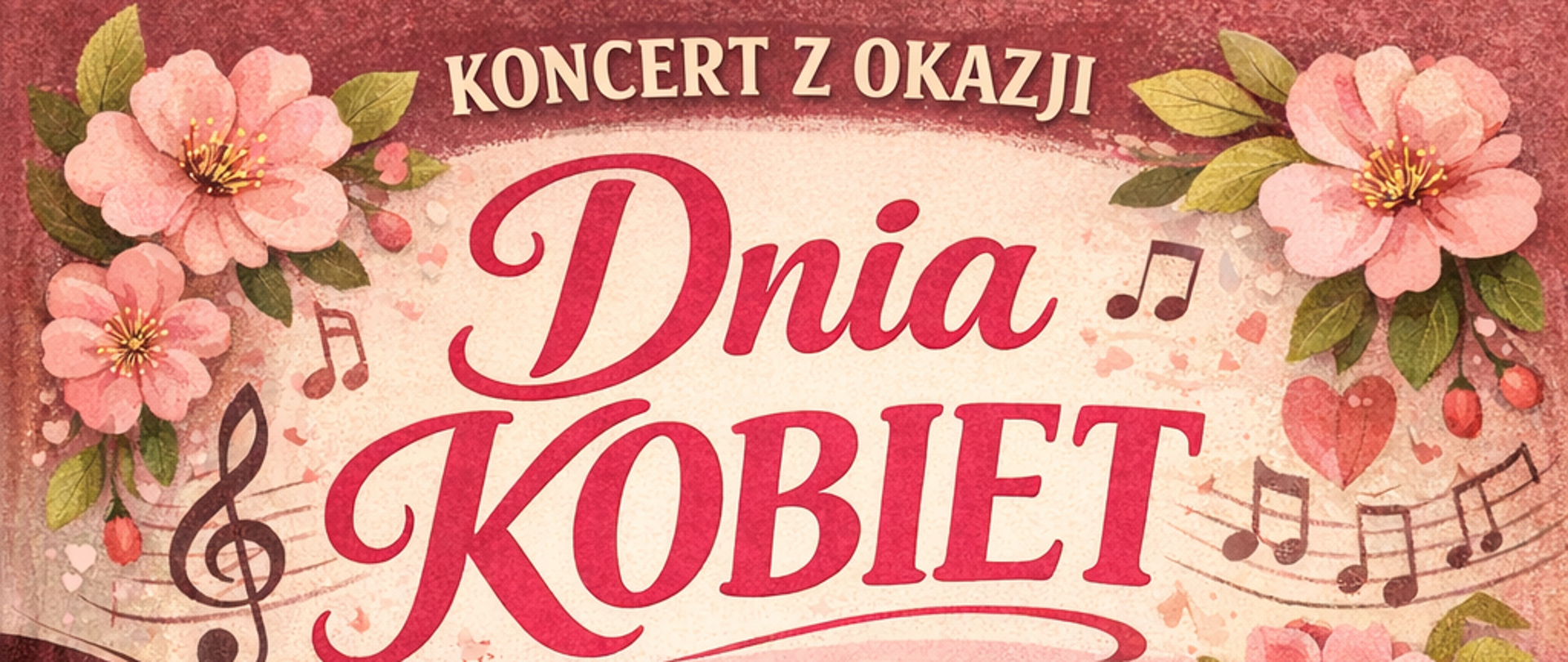 Plakat na kolorowym tle z informacją o wydarzeniu w kolorze kremowo bordowym. W tle instrumenty, kwiaty