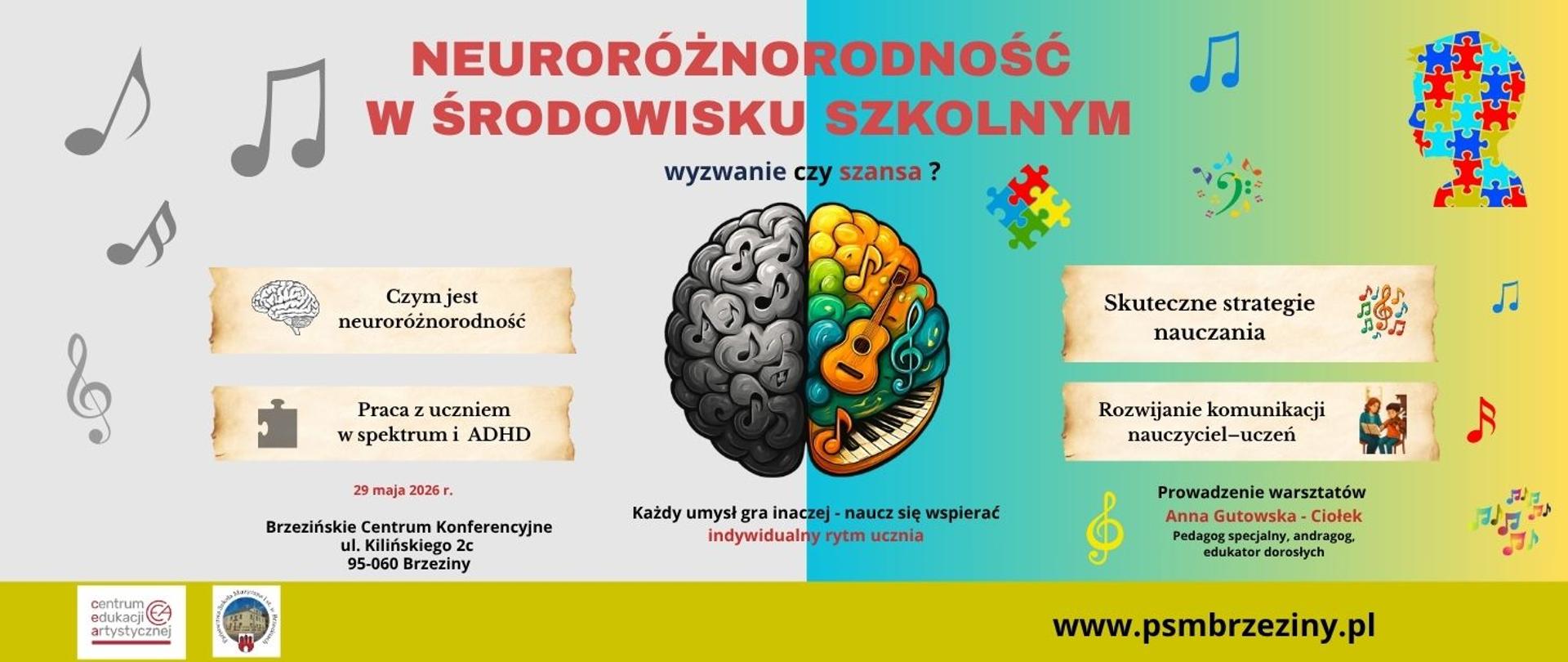 Grafika na kolorowym tle przedstawia informacje dotyczące warsztatów dla nauczycieli nt. "Neuroróżnorodność w środowisku szkolnym wyzwanie czy szansa? W lewym dolnym rogu logo CEA oraz logo szkoły.