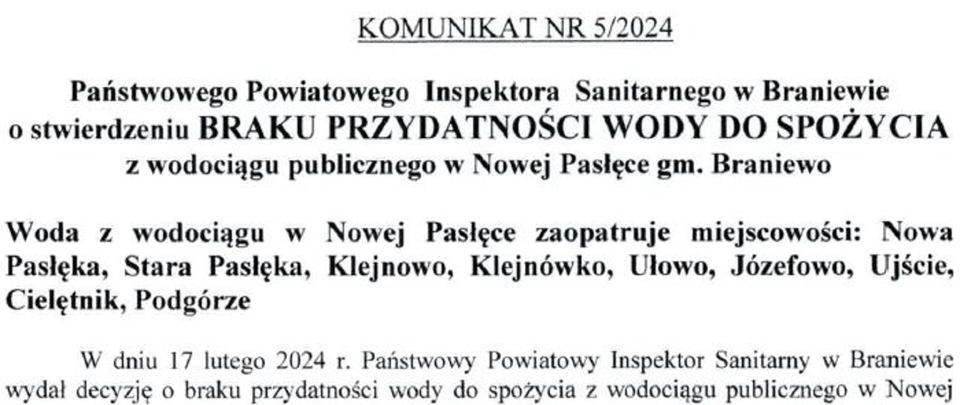 Komunikat Państwowego Powiatowego Inspektora Sanitarnego w Braniewie o stwierdzeniu braku przydatności wody do spożycia z wodociągu publicznego w Nowej Pasłęce gm. Braniewo