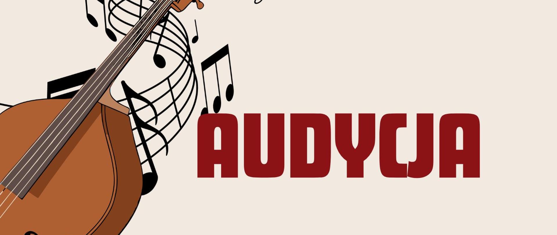 Plakat o kremowym tle, z dwiema dużymi ilustracjami instrumentów w rogach: wiolonczelą (lewy górny róg) oraz fortepianem (prawy dolny róg). Z obu instrumentów wypływają dynamiczne, czarne nuty naniesione na wirujące pięciolinie.