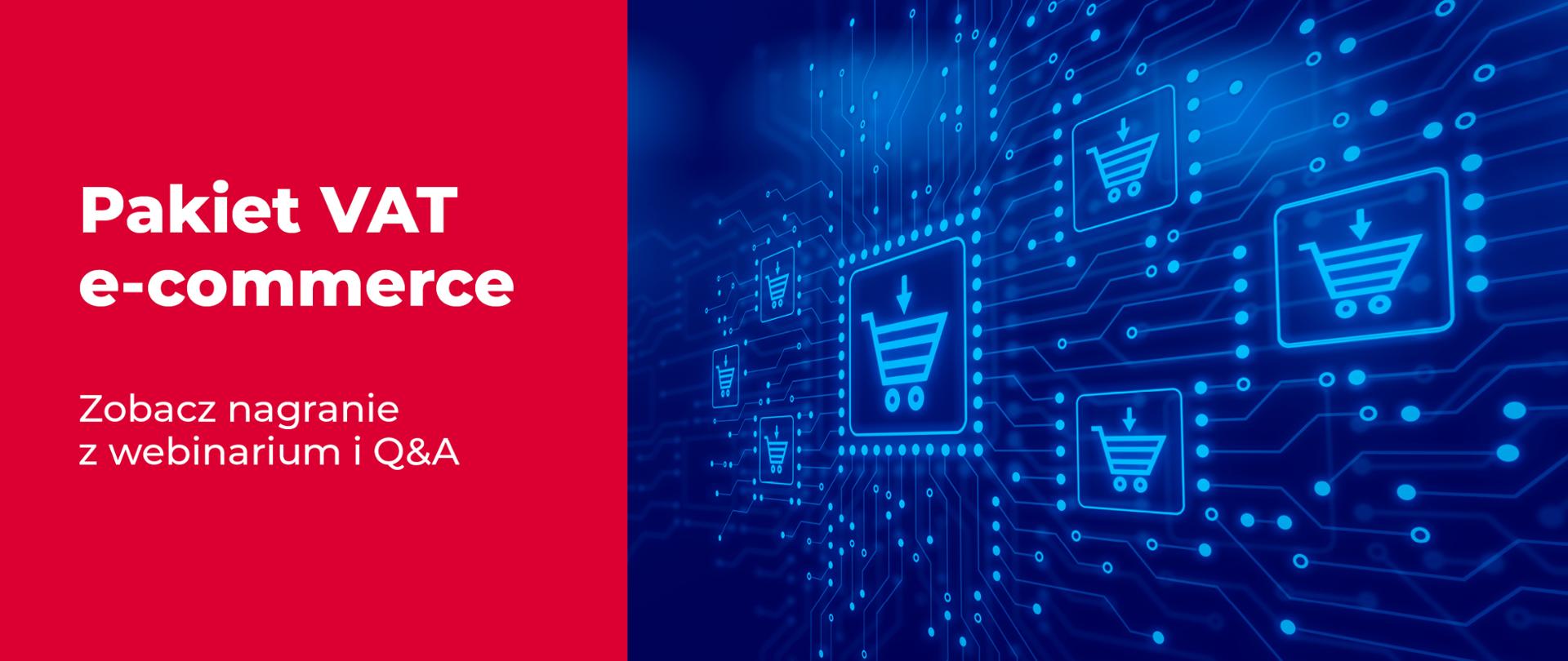 Po lewej stronie napis pakiet e-commerce Zobacz nagranie z webinarium i Q&A a po prawej wirtualne wózki na granatowym tle.