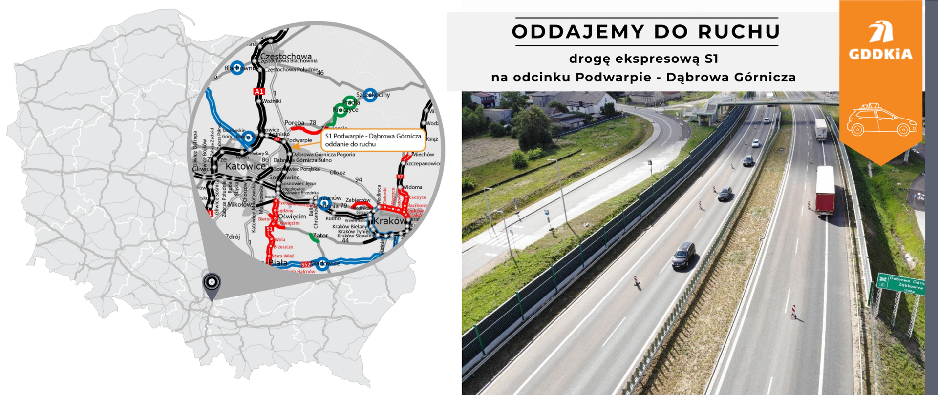 Grafika przedstawiająca lokalizację wybudowanej S1 Podwarpie - Dąbrowa Górnicza (za wyjątkiem węzła Pogoria, gdzie toczą się prace związane z wiaduktem WD-24)