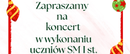 Plakat świąteczny zapraszający na koncert uczniów Szkoły Muzycznej I stopnia w Zespole Szkół Muzycznych im. Stanisława Moniuszki w Wałbrzychu z okazji 80-lecia szkoły; na jasnym tle w bożonarodzeniowej, kolorowej ramce z Mikołajami, bombkami, dzwonkami i zielonym autem z choinką znajduje się tekst informujący, że koncert odbędzie się 15 grudnia 2025 roku o godzinie 17:00 w auli szkoły przy ulicy Piętnastolecia 24.