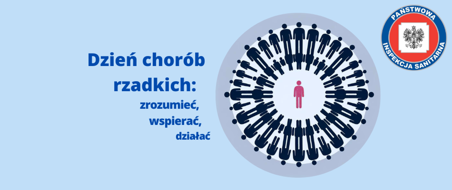 Grafika przedstawia logo z tytułem "Dzień chorób rzadkich: zrozumieć, wspierać, działać". Po prawej stronie znajduje się okrągła grafika z rycinami postaci ludzkich małych i dużych koloru czarnego ustawionych w okręgu. Po środku okręgu stoi jedna postać koloru czerwonego nawiązująca do tematu tytułu artykułu. W prawym górnym rogu grafiki umieszczono logo Państwowej Inspekcji Sanitarnej. Całość na błękitnym tle.