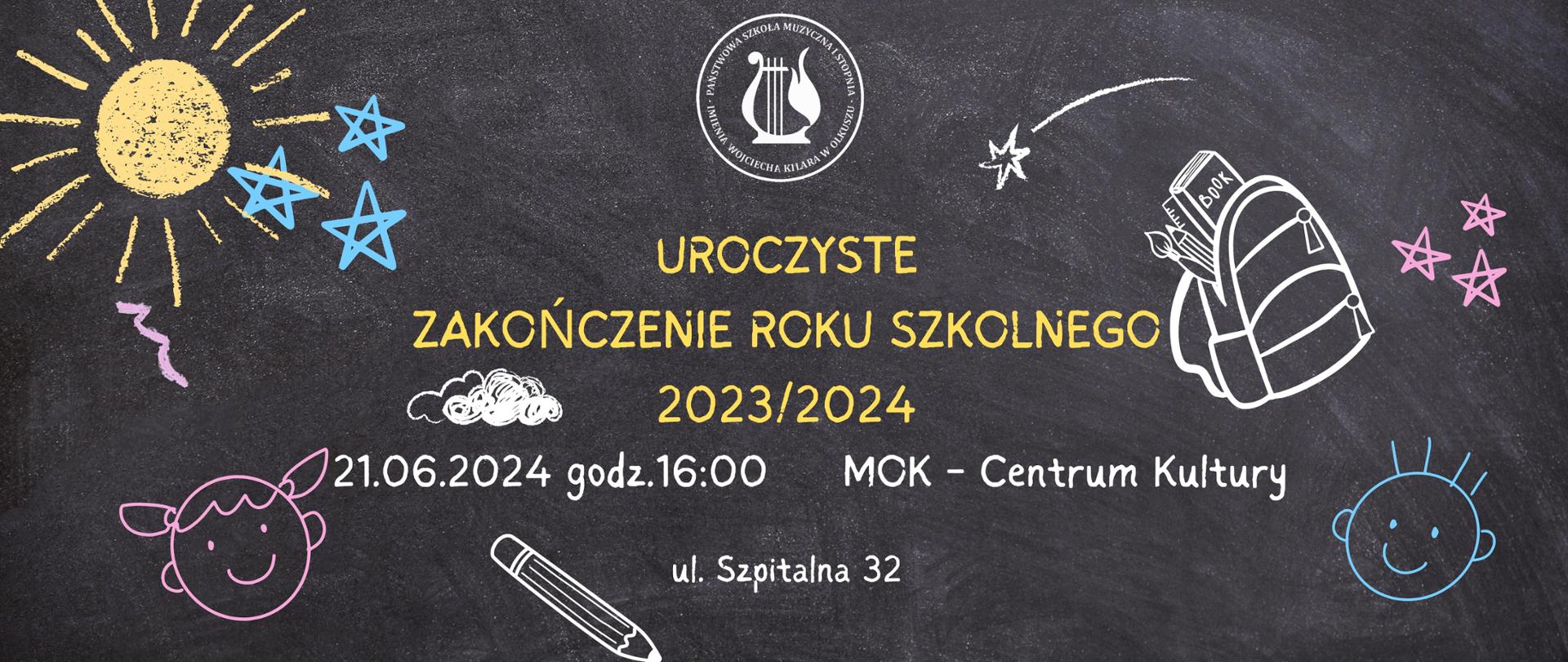 czarne tło imitacja tablicy, kolorowe rysunki i napisy