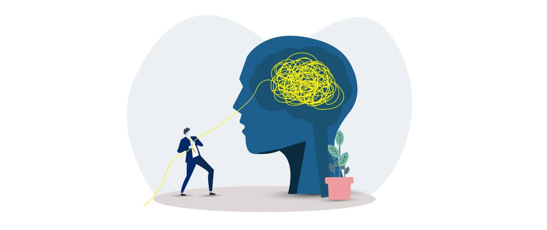 Grafika wektorowa symbolizująca prostą komunikację (z symbolu głowy w którym jest zapętona linia człowiek wyciąga prostą linię)