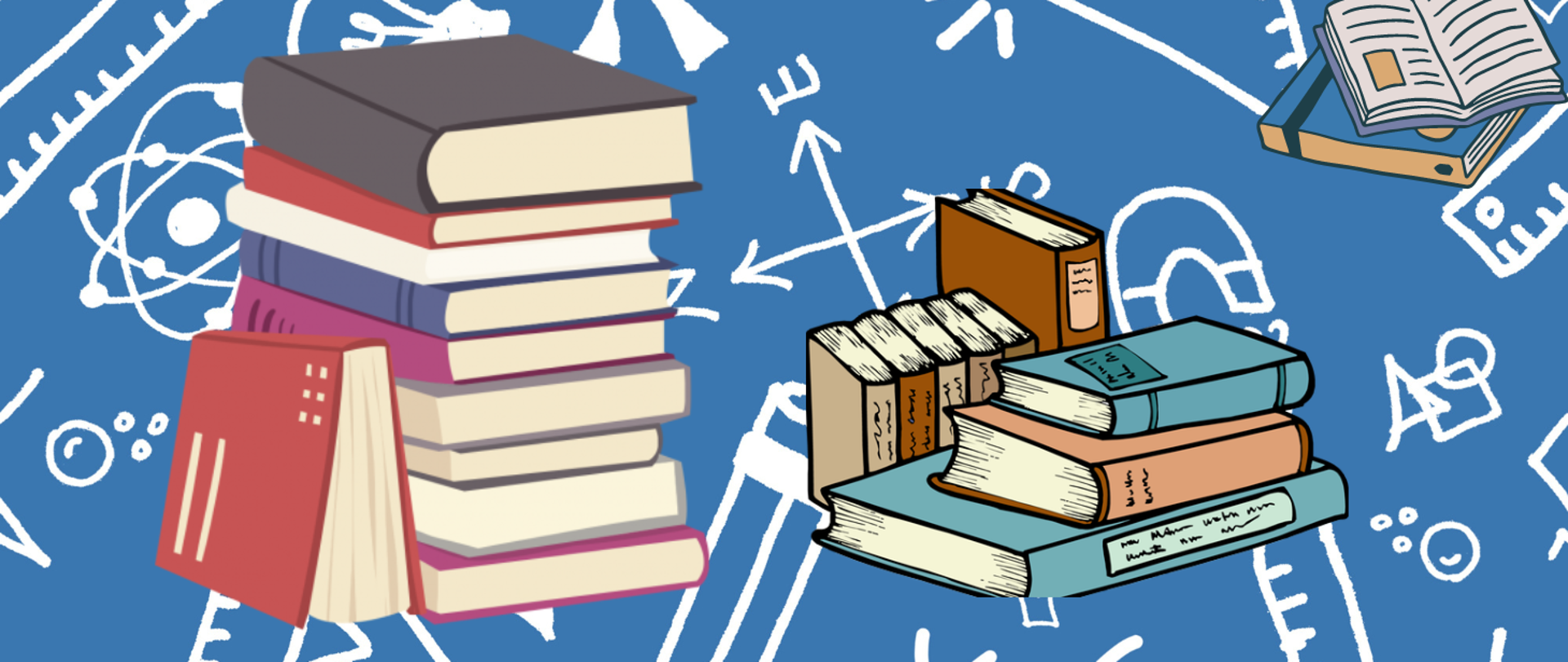 na niebieskim tle z symbolami graficznymi przedmiotów szkolnych książki ułożone w słupkach 