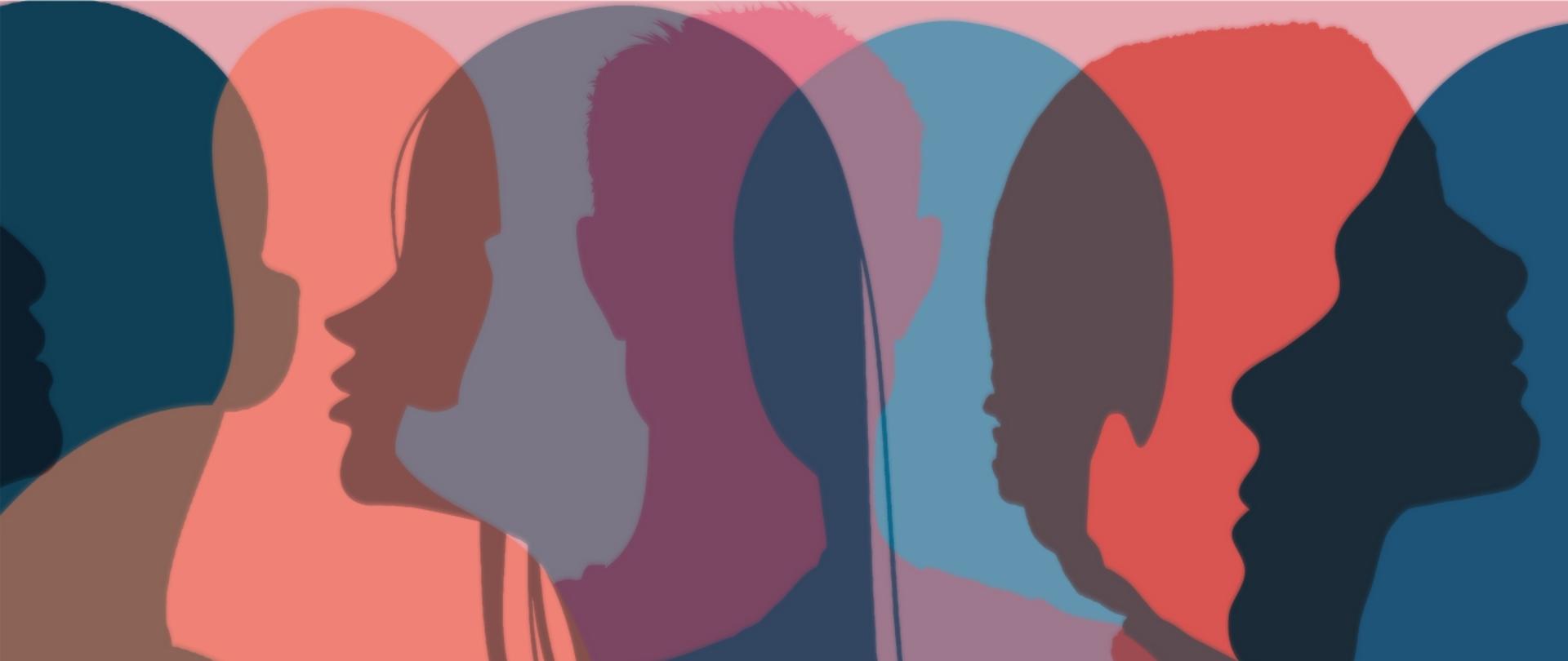 Grafika przedstawi nakładające się na siebie sylwetki twarzy różnych osób