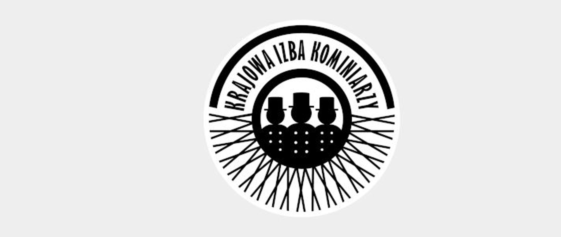 Czarny logotyp na białym tle przedstawiający kominiarzy i napis "Krajowa Izba Kominiarzy"