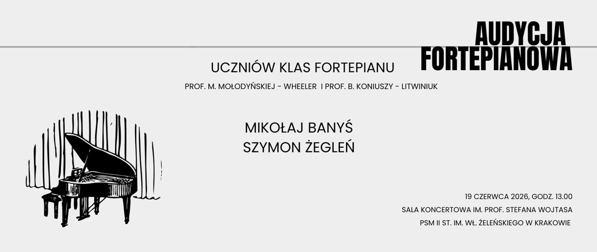 Audycja fortepianowa 19.06.2026 godz.13.00 plakat szary grafika fortepian