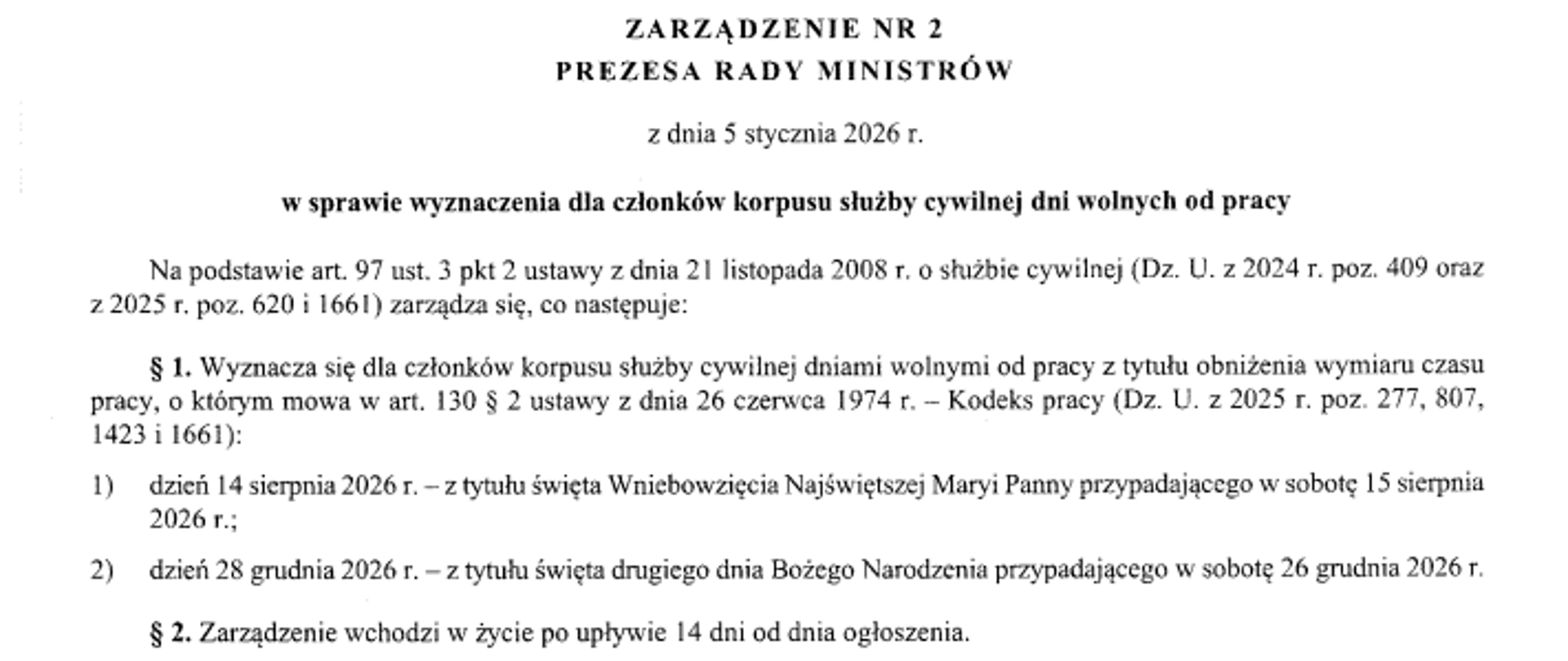Zarządzenie nr 7-2026 w sprawie ustalenia dni wolnych od pracy
