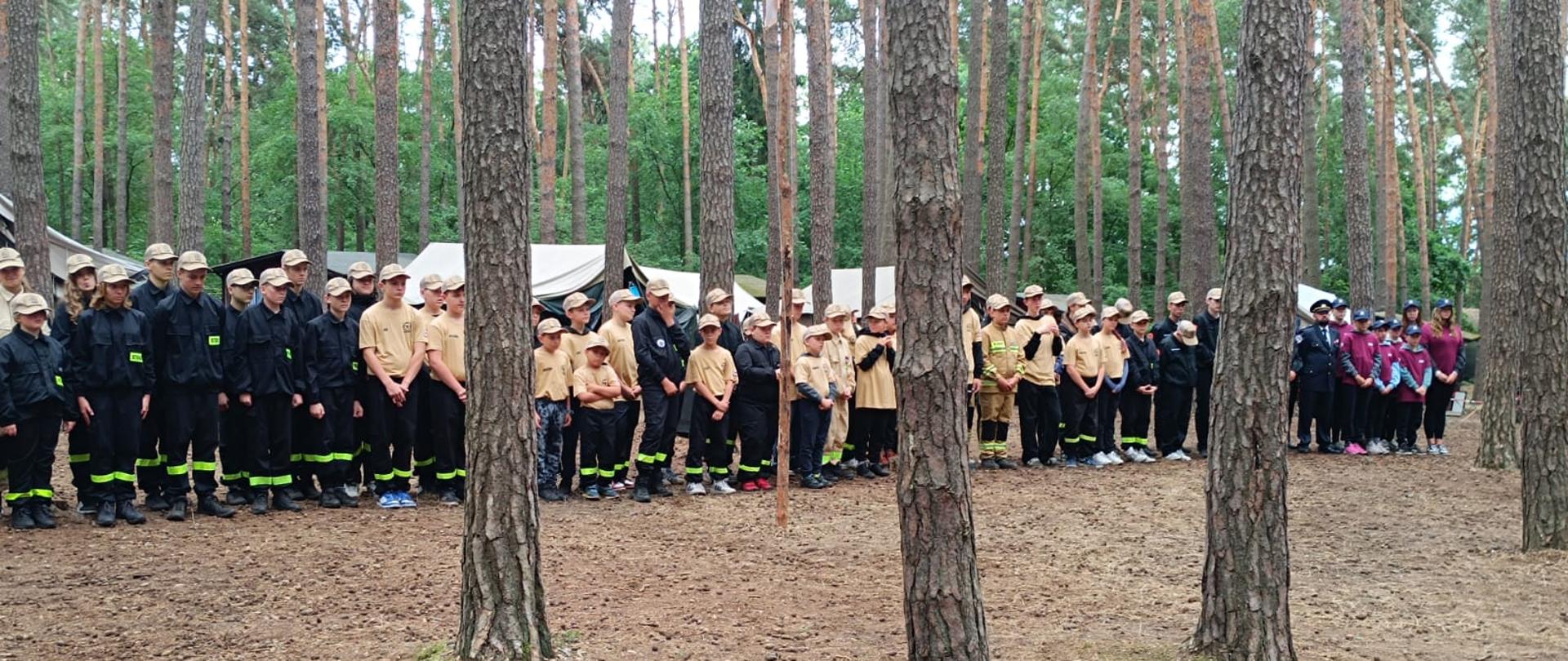 Obóz MDP Lgiń. Podczas wizytacji młodzież prezentuje swoje osiągnięcia zdobyte podczas obozu, prezentują obozowisko. Grupa ludzi, uczestników obozu wspólnie pozuje do pamiątkowego zdjęcia, w tle drzewa.