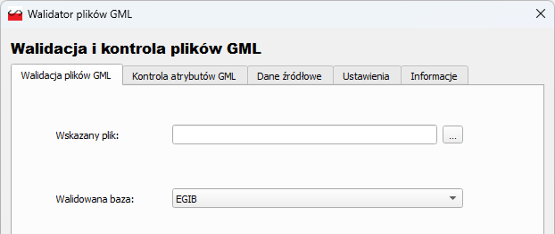 Ilustracja przedstawia zrzut okna wtyczki Walidator plików GML w oprogramowaniu QGIS - zakładki Walidacja plików GML