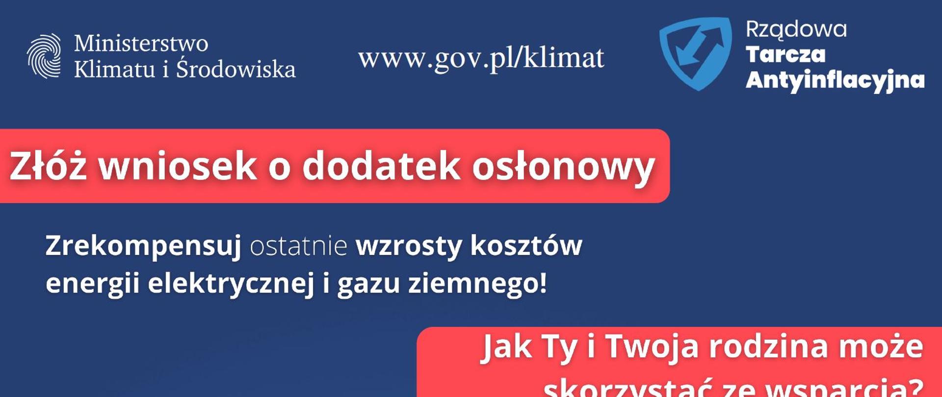 Grafika przedstawiająca najważniejsze informacje dotyczące dodatku osłonowego. Grafika na granatowym tle z czerwonymi paskami. Na nich informacje. 