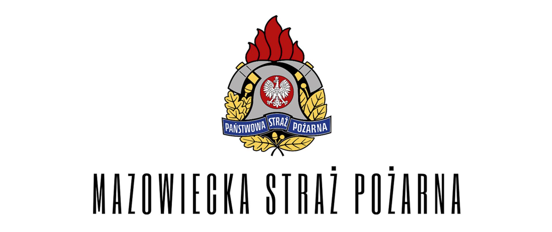 Logotyp Państwowej Straży Pożarnej na białym tle, pod spodem napis Mazowiecka Straż Pożarna w kolorze czarnym.