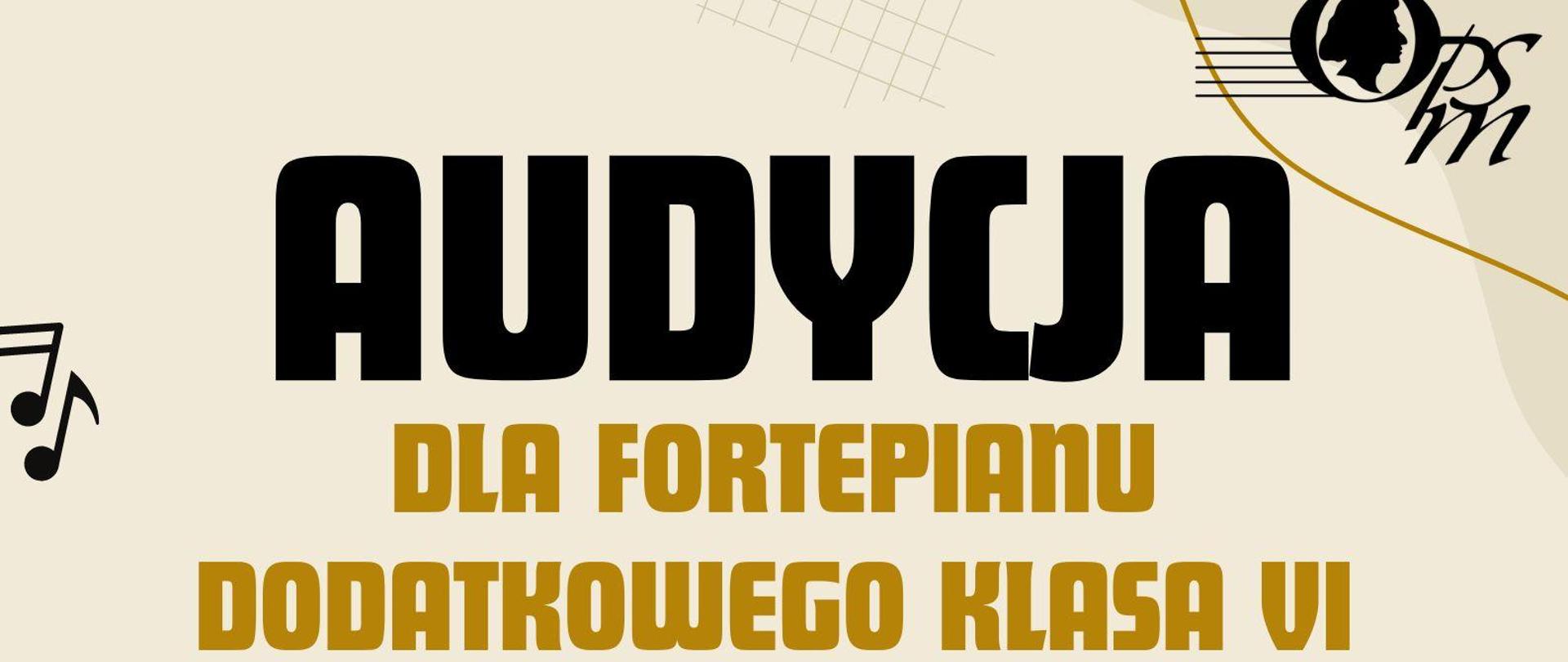 w centralnej części fortepian, w prawym górnym rogu logo szkoły, z lewej strony wzdłuż informacja o miejscu i terminie odbywania się audycji,