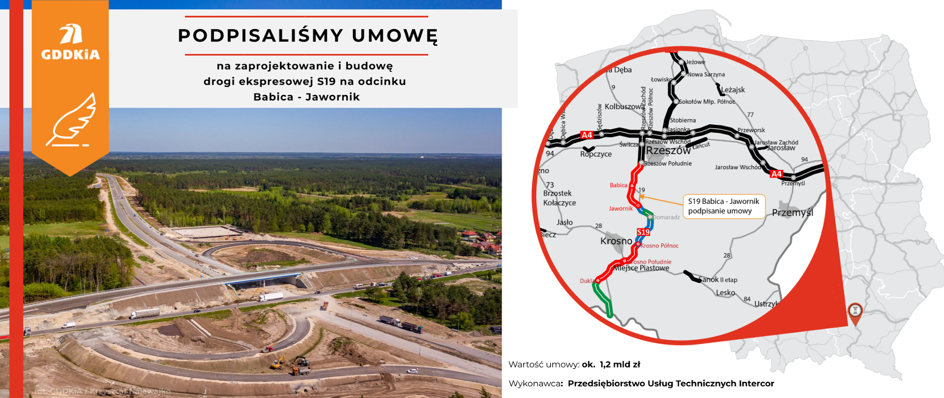 Infografika informująca o podpisaniu umowy. Po lewej stronie zdjęcie budowanego odcinka drogi, a po prawej mapa z zaznaczeniem inwestycji i z informacją o wykonawcy.