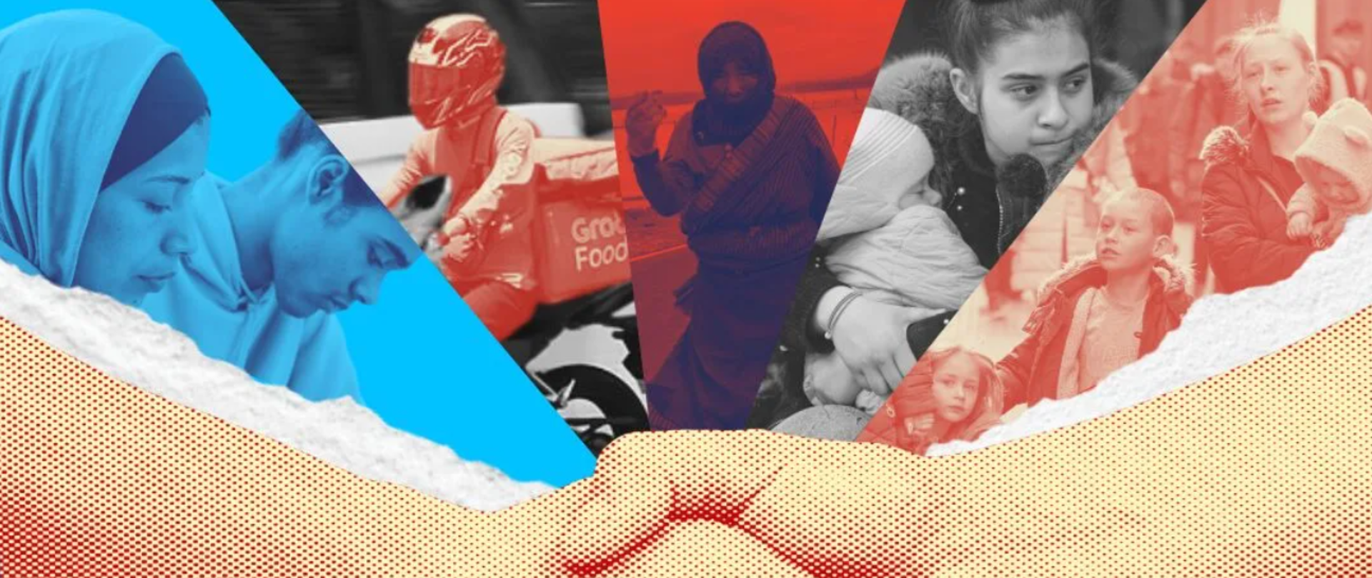 Uścisk dłoni na tle wycinków z gazet przedstawiających cudzoziemców