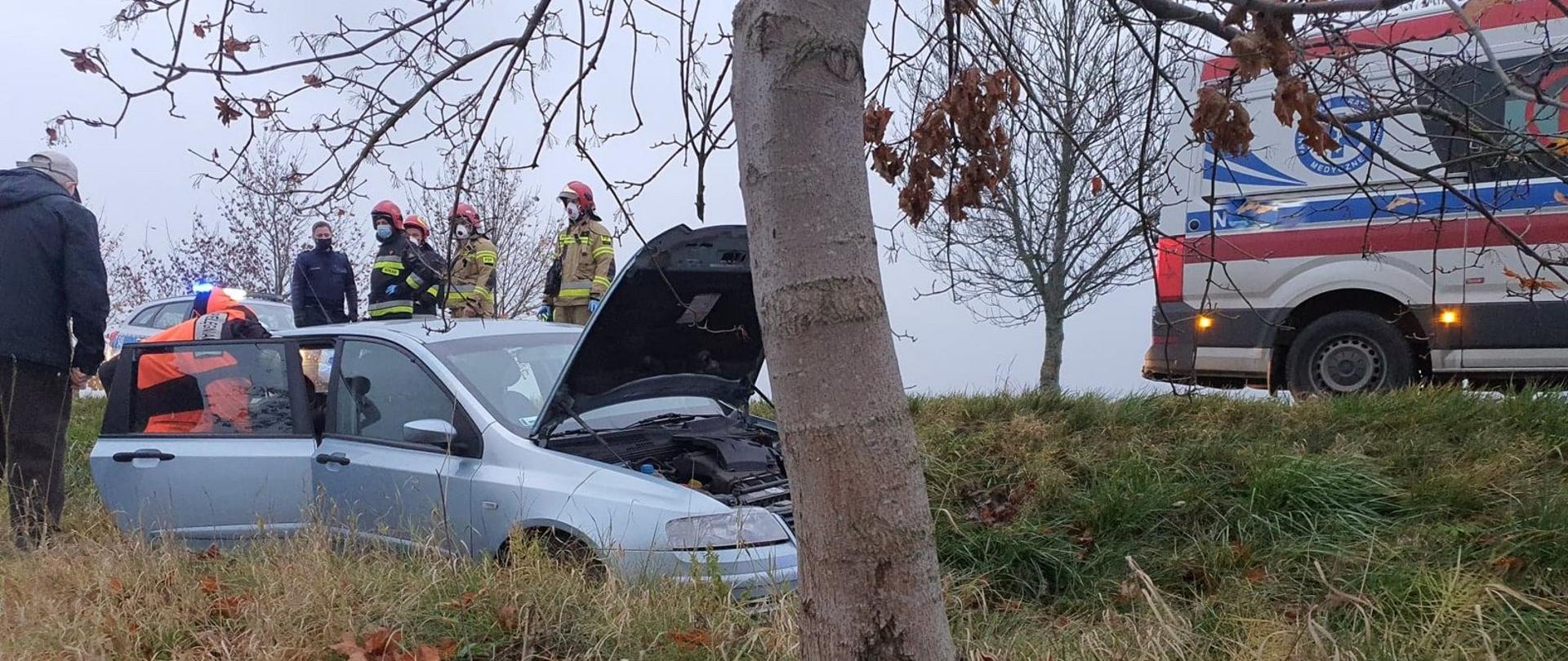 Zdjęcie wypadku zrobione niedaleko miejscowości Banaszki. Do samochodu osobowego w którym przebywa jedna osoba poszkodowana zagląda ratownik medyczny, aby zebrać wywiad medyczny. Obok stoi mężczyzna który również podróżował tym samochodem.