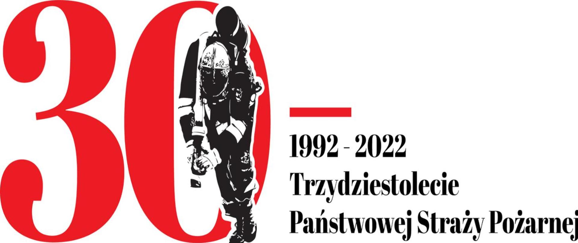 Logo 30 lat PSP – napis 1992-2022 Trzydziestolecie Państwowej Straży Pożarnej oraz liczba 30 okalająca postać strażaka w akcji.