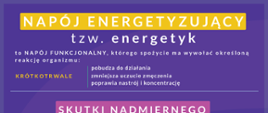 Infografika przedstawia najważniejsze informacje na temat napojów energetyzujących, w tym skutki zdrowotne ich nadmiernego spożywania: niepokój, odwodnienie, nadpobudliwość, zaburzenia snu czy zaburzenia pracy serca.
