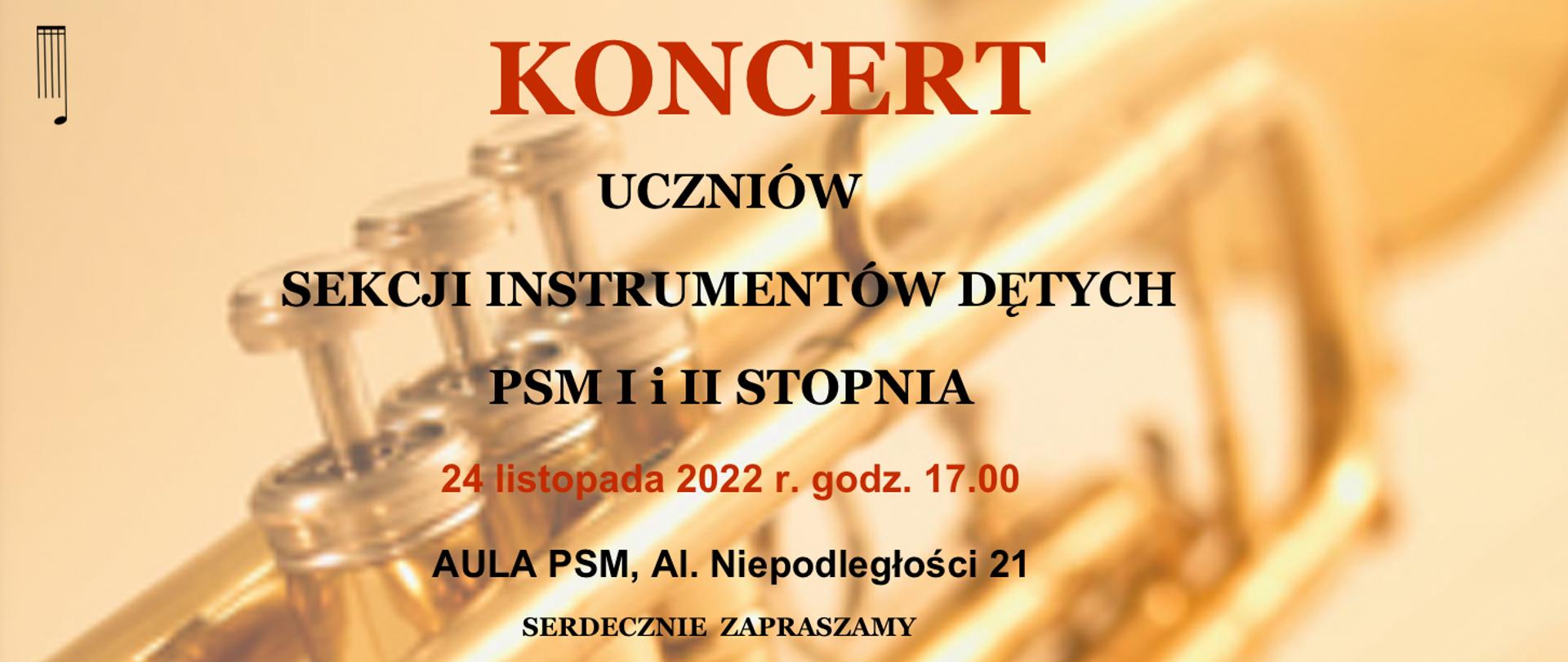 Grafika przedstawia afisz koncertu Sekcji Instrumentów Dętych w dniu 24 listopada 2024, ciemne napisy na tle instrumentu trąbka, z lewej strony u góry logo szkoły nutka