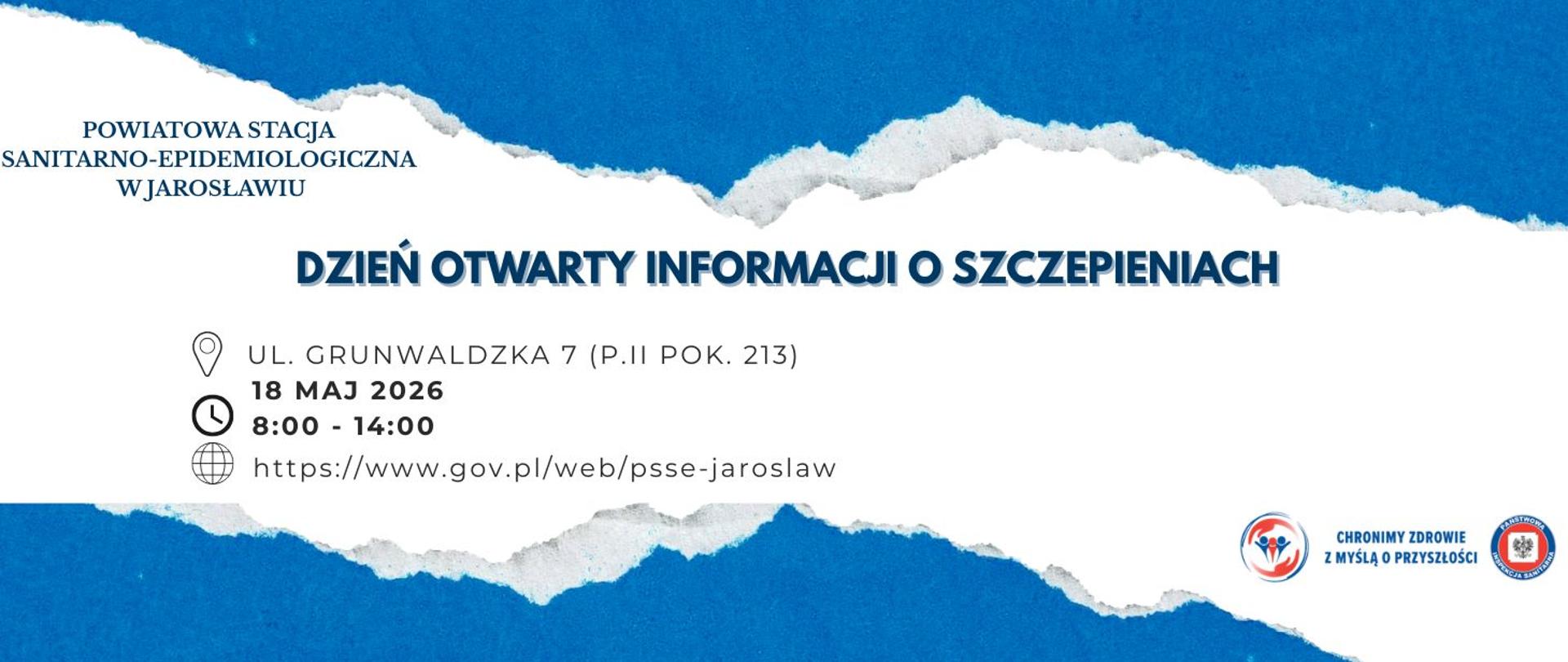 Plakat informujący o Dniu Otwartym Informacji o Szczepieniach w Powiatowej Stacji Sanitarno-Epidemiologicznej w Jarosławiu, 18 maj 2026 r., godz. 8:00–14:00