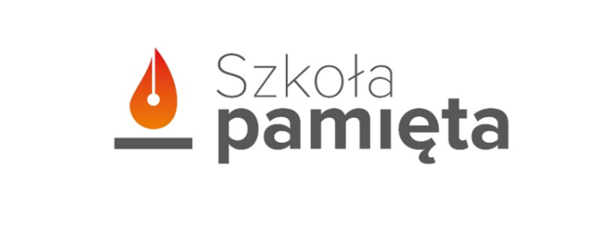 Po lewej stronie znajduje się graficzna imitacja zapalonego znicza. Po jego prawej stronie od góry - słowo ,,Szkoła’’, poniżej-,,pamięta’’.