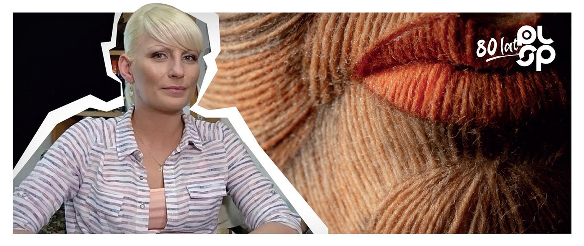 zdjęcie kobiety, w tle zbliżenie rzeźby, w rogu logo 80 lat PLSP