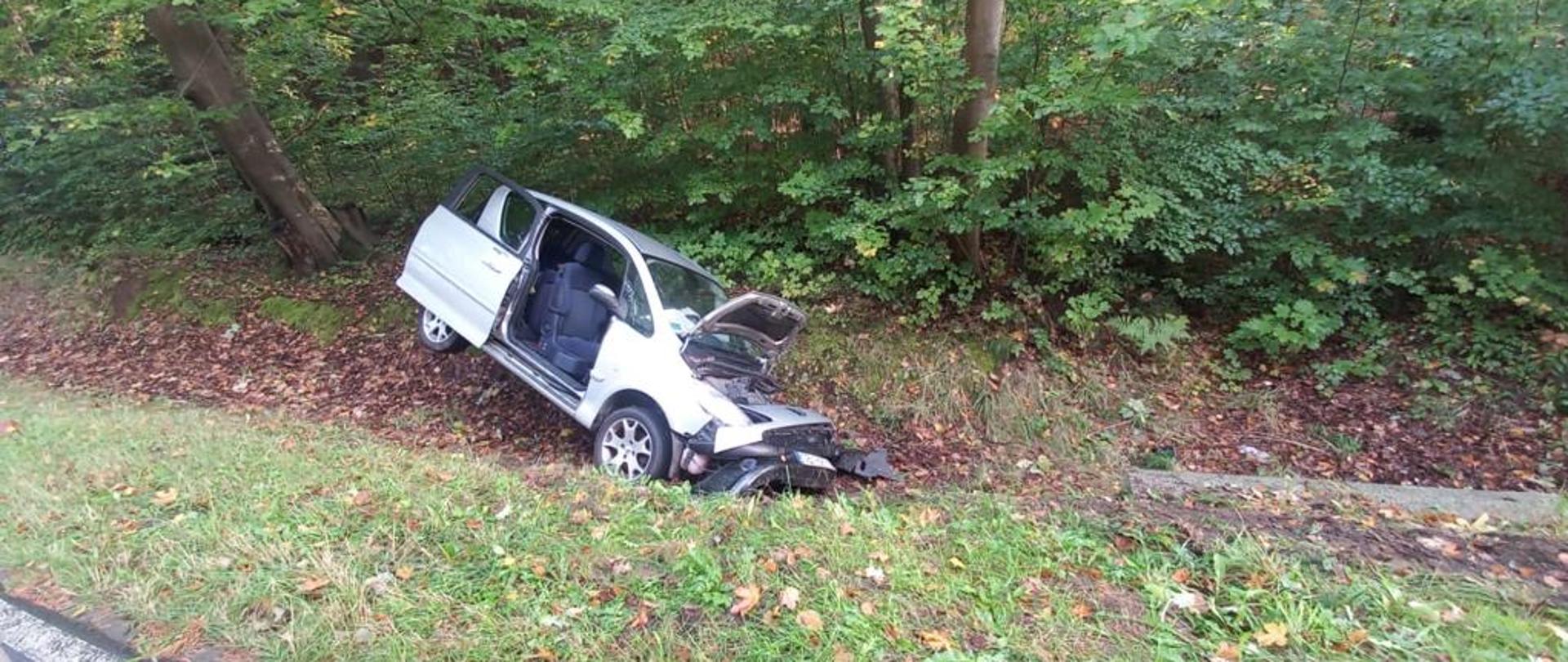 Srebrny samochód z uszkodzonym przodem w przydrożnym rowie.