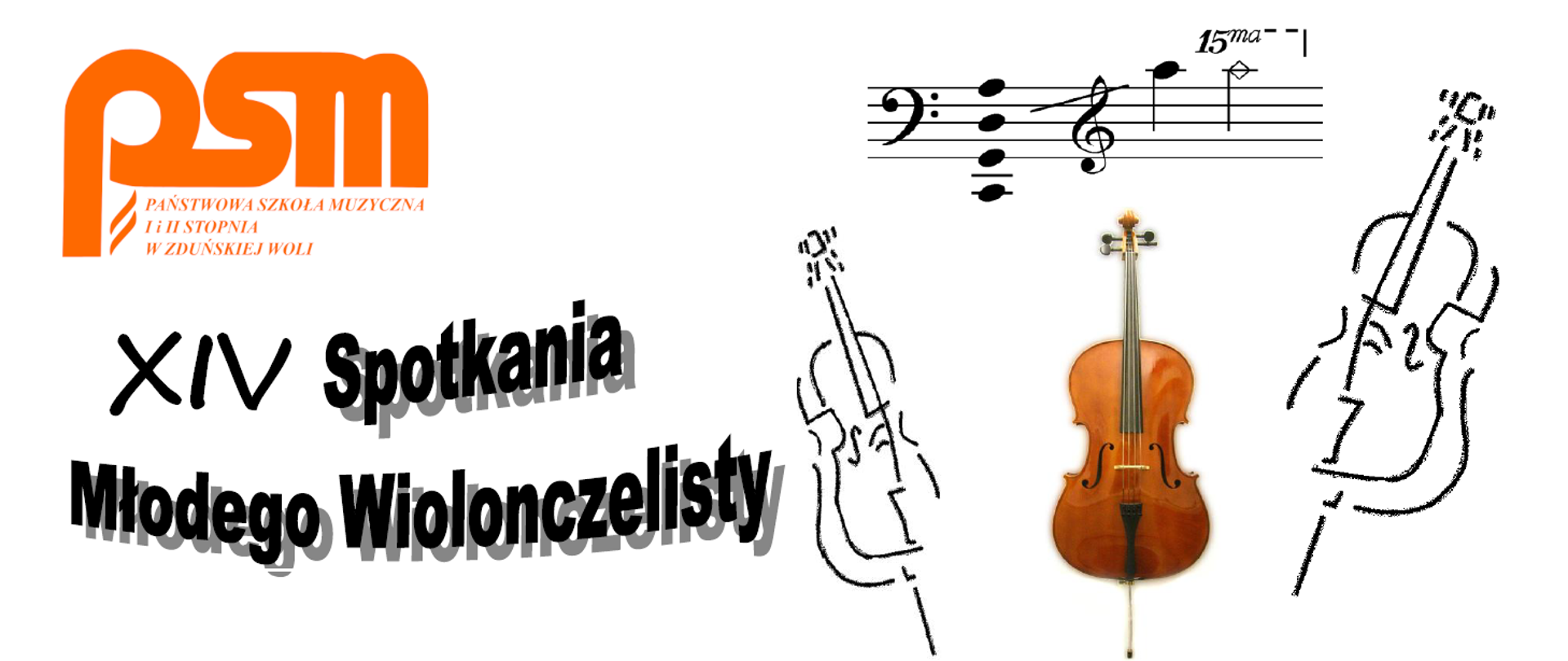 grafika przedstawia na białym tle w lewym górnym rogu pomarańczowe logo PSM 1 i 2 stopnia w zduńskiej woli pod nim czarny napis 14 spotkania młodego wiolonczelisty, a po prawej stronie u góry fragment pięciolinii z zapisem nutowym pod którym znajdują się trzy wiolonczele