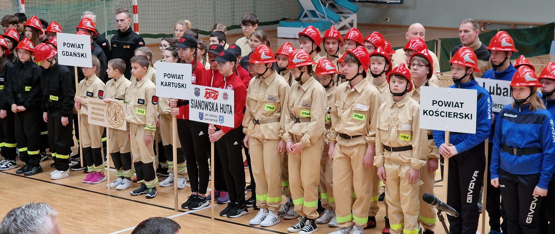 Młodzieżowe Drużyny Pożarnicze ustawione w szyku podczas zbiórki