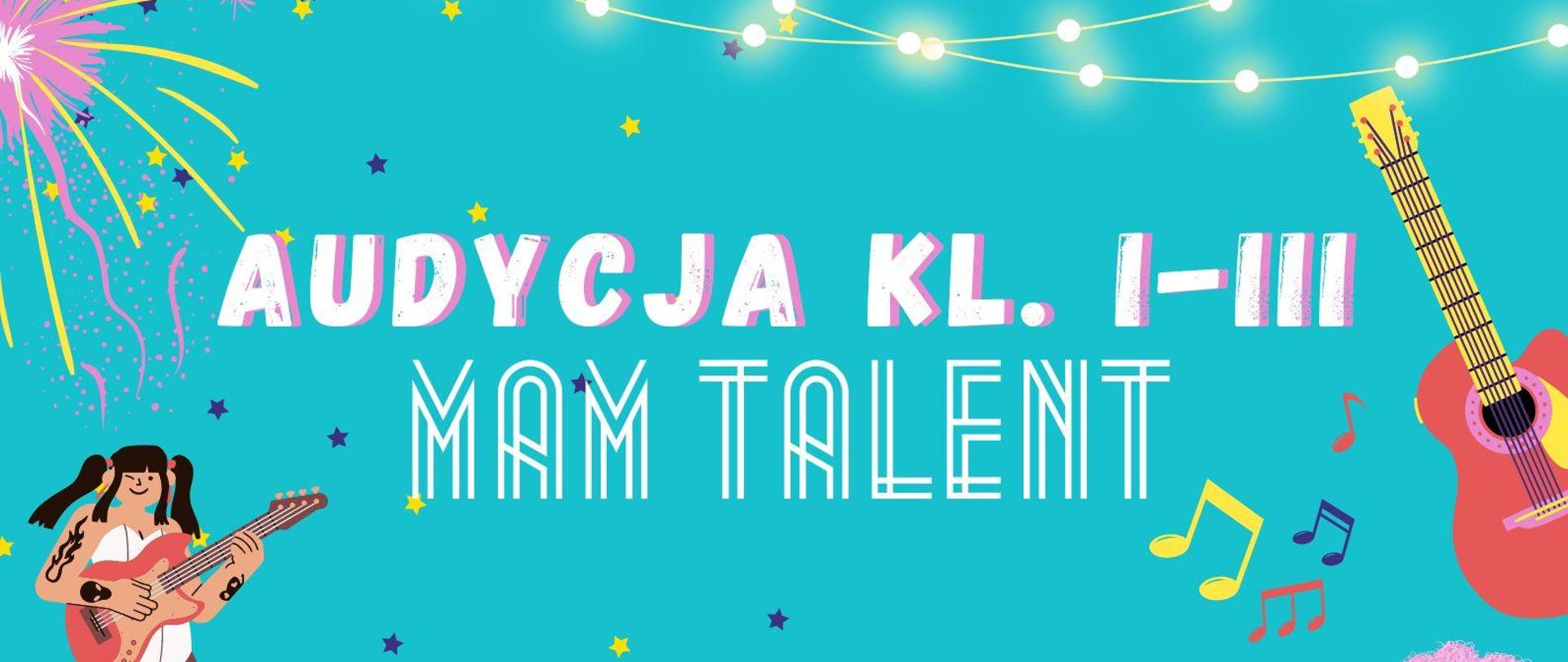 w centralnej części informacja o audycji dacie, miejscu i godzinie, wszystko na turkusowym tle dookoła plakatu obrazki postaci grających na instrumentach