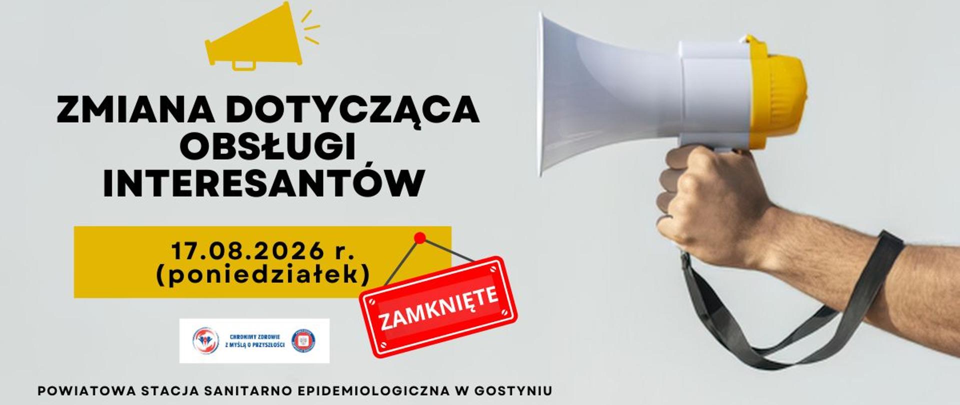 Uwaga! Zmiana dotycząca obsługi interesantów. W dniu 17.08.2026 r. Powiatowa Stacja Sanitarno-Epidemiologiczna zamknięta.