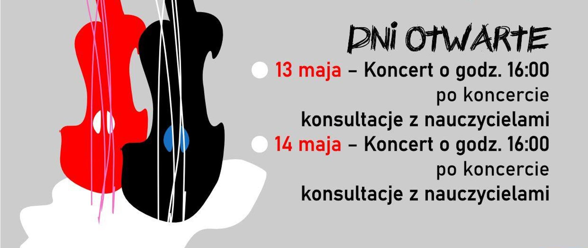 Grafika w odcieniach różu, szarości i koloru niebieskiego, z rysunkowym przedstawieniem dwóch wiolonczel w kolorze czarnym i czerwonym. W tle znajdują się następujące informacje: "Rekrutacja do Państwowej Szkoły Muzycznej I stopnia w Bolesławcu na rok szkolny 2024/2025. Terminarz: składanie podań do 24 maja 2024 r., badanie przydatności kandydatów - 25 maja 2024 r. Dni otwarte: 13 maja - koncert o godz. 16.00, po koncercie konsultacje z nauczycielami; 14 maja - koncert o godz. 16.00, po koncercie konsultacje z nauczycielami. Kontakt: sekretariat@psmboleslawiec.pl; telefon 75 732 42 24 i 451 279 138. Facebook: PSMboleslawiec"