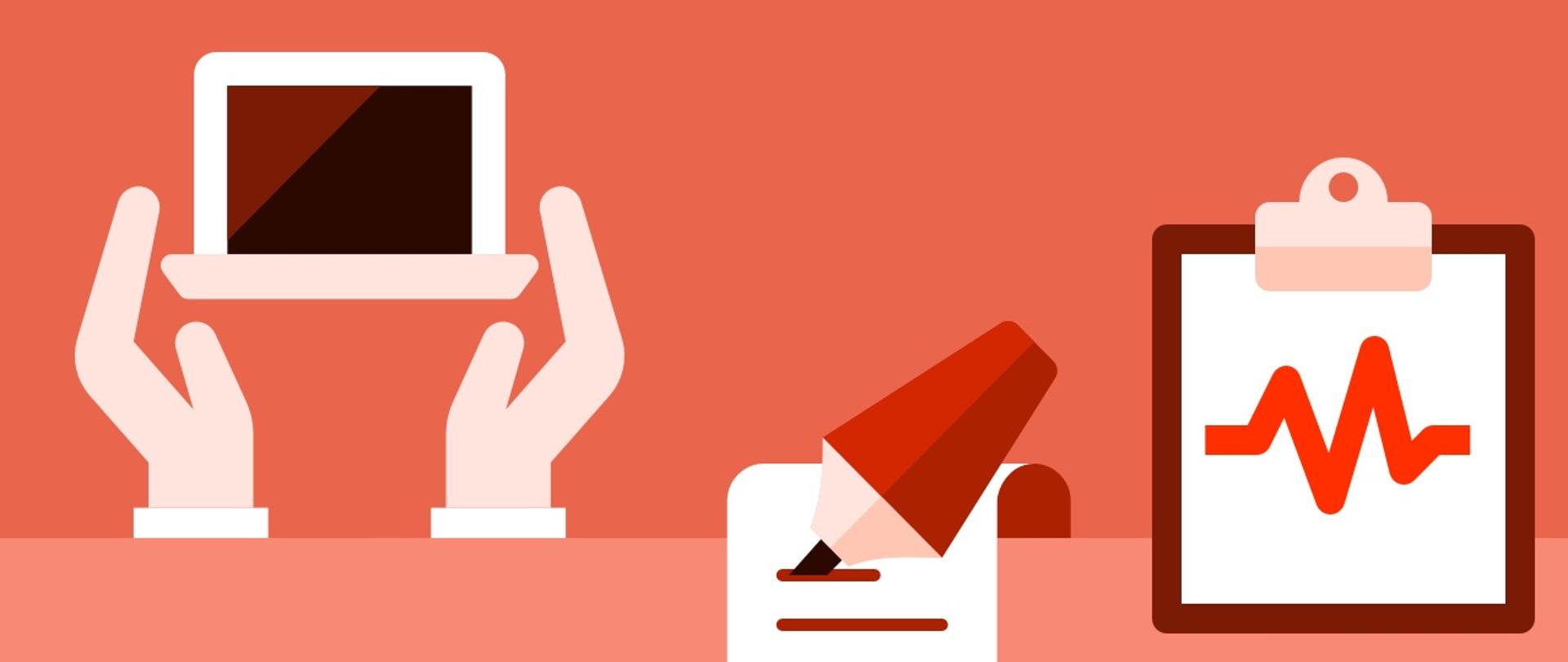 3 białe grafiki na czerwonym tle. Po lewej: dłonie trzymające laptopa. Na środku: notatnik i ołówek. Po prawej: wykres echo serca