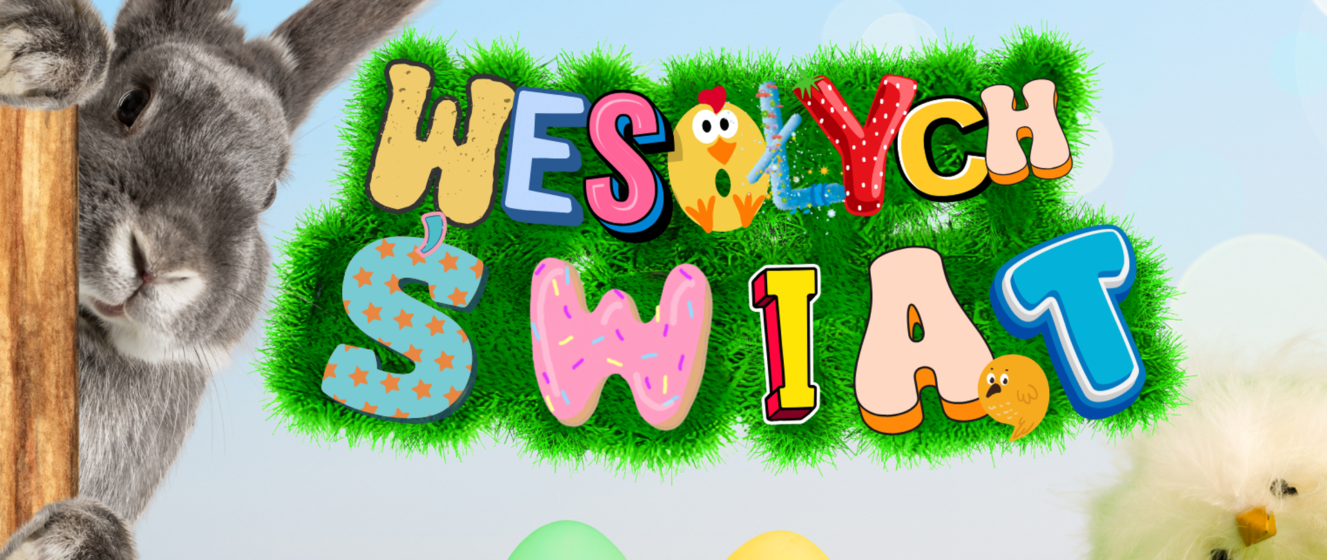 Ilustracja przedstawiająca napis "Wesołych świąt" oraz 5 kolorowych jaj na trawie z boków ilustracja zająca i pisklęcia
