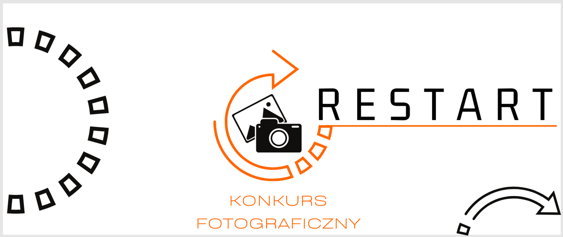 grafika, białe tło, na niej strzałki w kolorach czarnym i pomarańczowym, po środku aparat fotograficzny, po oby stronach napis konkurs fotograficzny restart